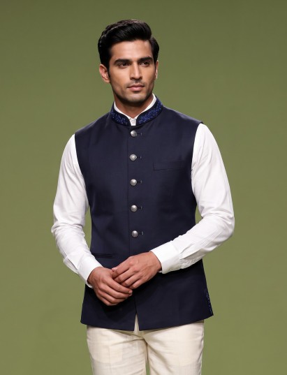 Navy blue embroidered collar waistcoat with zardosi detailing for mens