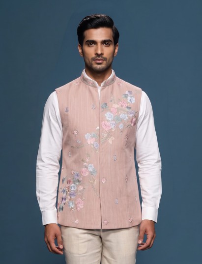Light peach silk-linen waistcoat with contrast floral embroidery for mens