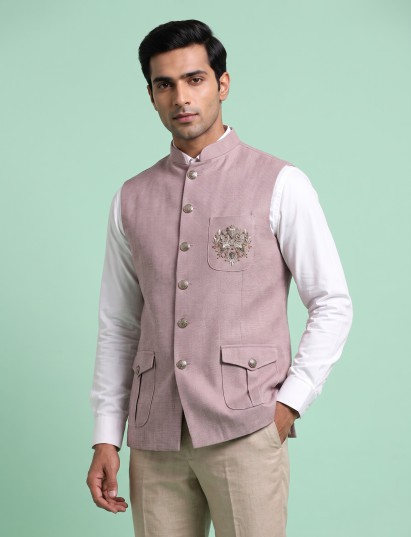 Onion pink zardosi safari waistcoat with embellished chest pocket