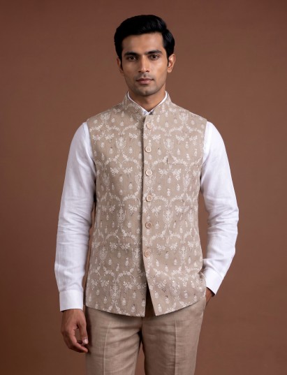 Beige embroidered waistcoat with textured tonal buttons for mens weddings