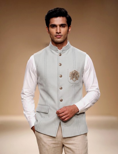 Light grey pearl embellished waistcoat with antique metallic buttons