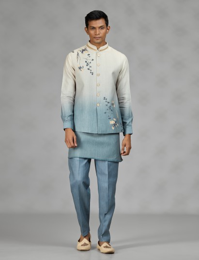 Powder blue floral mens waistcoat set