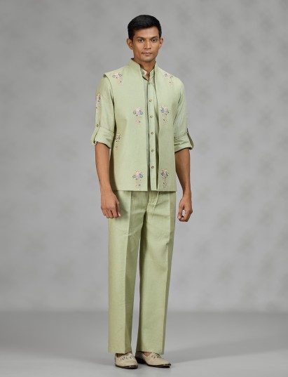 Pista green floral mens waistcoat set